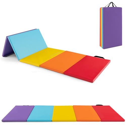 HONEY JOY 5-Fold Gymnastics Mat, Kids Folding Exercise Tumbling Mat Portable Gym Mat w/Handles, PU Leather, Thick EPE Foam, Hook & Loop Fasteners, for Aerobics Workout Stretching Fitness Yoga