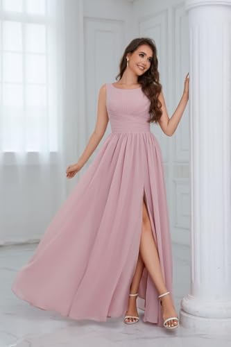 MAGGCIF Chiffon Bridesmaid Dresses Long for Women with Slit A Line Ruched Formal Evening Gowns4