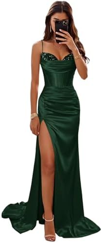 Basgute Satin Corset Prom Dresses for Women 2026 Sequin Beaded Me...