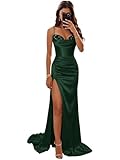 Basgute Satin Corset Prom Dresses for Women 2026 Mermaid Slit Long Sequin Beaded Spaghetti Straps Elegant Tight Ruched Formal Evening Cocktail Ball Gown Emerald Green Size 0