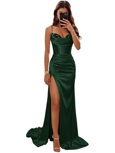 Basgute Satin Corset Prom Dresses for Women 2026 Mermaid Slit Long Sequin Beaded Spaghetti Straps Elegant Tight Ruched Formal Evening Cocktail Ball Gown Emerald Green Size 0