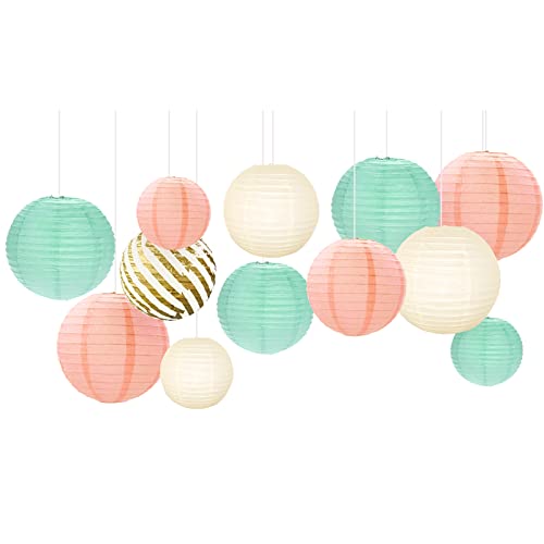 NICROHOME Lot de 12 lanternes en papier rose pâle vert crème pour mariage, anniversaire, jardin, fête printanière d'été, crème, ivoire, blanc, vert, or, rose