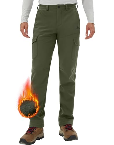 Pioneer Camp Men's Waterproof Cargo Hiking Pants Fleece Lined Outdoor Softshell Snow Ski Insulated Winter Pants for Work Green, XXL