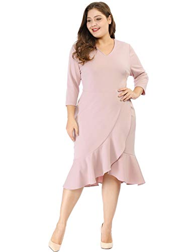 Agnes Orinda Women's Plus Size Business Ruffled Dress 3/4 Sleeve Office Work Cocktail Dresses Party Wrap Dress2
