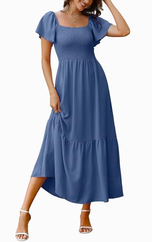 Image of OFEEFAN Summer Dresses for Women Square Neck Ruffle Sleeve Smocked Maxi Dress with Pockets