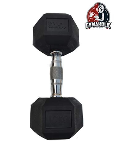 Image of Gymaholic Dumbbell, Hexa Rubber Dumbbell with Metal Handles, Single & Pair, Dumbbells in Weights 10 KG Single