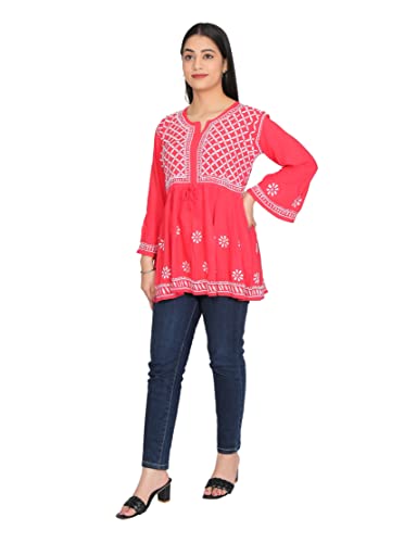 Image of FAWOMENT Women's Rayon Lucknowi Chikan Embroidered Short Frock Style Top - Designer Ethnic Wear with Bell Sleeves - Elegant & Comfortable Kurti for Daily, Festive & Casual Wear