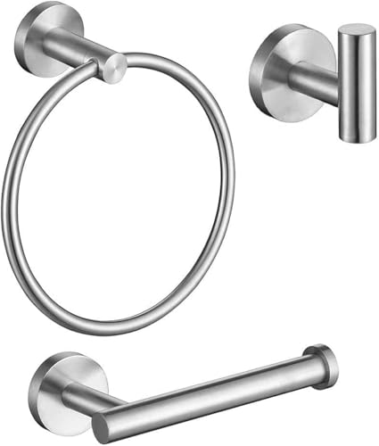 YUET Toalleros de Aro + Portarrollos de Papel Higiénico + Ganchos, 3 Piezas Juegos de Accesorios de Baño, Anillo de Toalla Acero Inoxidable, Plata