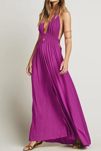 Image of R.Vivimos Boho Maxi Dresses for Women 2026 Summer Sleeveless Halter Elastic Waist Sexy Backless Front Slit Flowy Long Dresses