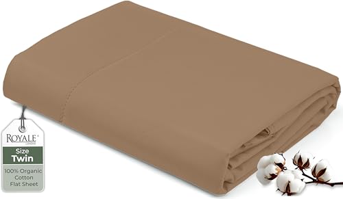Image of Royale Linens 100% Organic Cotton Twin Flat Sheet Only - Super Soft - Percale Top Sheets - Twin Flat Sheet Sold Separately - Breathable, Cool & Crisp Sheets Only (66 inch x 96 inch, Chocolate)