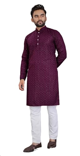 Shriva Fashion Men's Chikankari Kurta with lucknowi and sequence work for Festival & Casual Ethnic Wear (018) (Purple, 44)