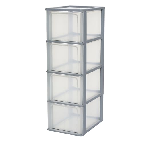 Iris Ohyama, Tour de Rangement Plastique, 4 Grands Tiroirs, Gris, Ouverture Facile, Format A4, A5 & A6, Meuble, Organisateur, pour Bureau, Fourniture Scolaire, Papeterie, Sans BPA, OCH-2400
