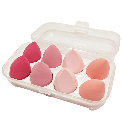 YAIN 8 PCS Makeup Sponge Set Foundation Blender Blending Sponges Cosmetic Multi Shape for Dry & Wet Use, Beauty Sponge Holder Organizer Case Pink Color Cosmetics Tool Applicator Puff Drying Rack
