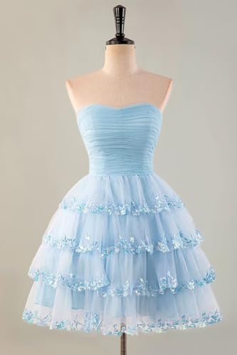 Homecoming Dresses Short Strapless Lace Appliques Tiered Ruffle Tulle Formal Cocktail Party Gowns for Teens2