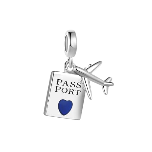 Abalorio colgante de corazón FGT para pasaporte con diseño de avión compatible con Pandora