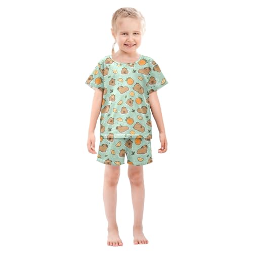Cute Capybara with Oranges Blue Summer Cute Pajama Sets, Short Sets for Daily Wears and Sleep Wears3