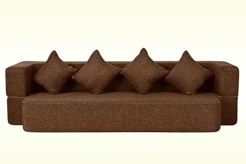 Image of Rosebell Flipper 3 Seater | 70 X 46 X 9 | Foldable Sofa Cum Bed with Washable Fabric Four Cushions for Living Room - Brown