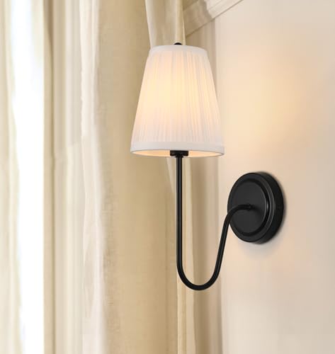 Image of Electro bp; Elegant Single Wall Sconces White Pleated Fabric Lamp Shades with Black Curved Metal Arm Silk Cover Wall Lighting,E12,40W,Hardwired(Set of 2);