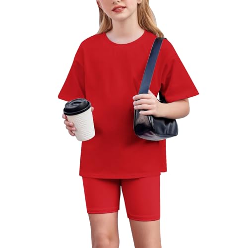 Girls Summer Outfits 2 Piece Lounge Set Short Sleeve T Shirt and Biker Shorts Tracksuit Kids Clothing Set Size 5-15Y4