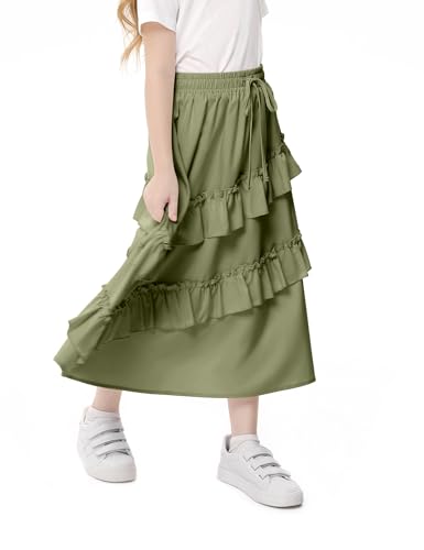 Image of Girls High Waisted Ruffle Maxi Skirt Soft Cotton Long Skirts with Elastic Waistband for Kid Girl 3-12 Years