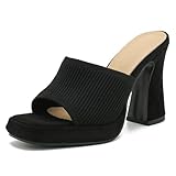 Peijely Women's Knit Platform Heels Square Toe High Chunky Heeled Mule Dress Party Sandals Black 44 - US 11