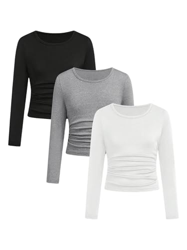 Floerns Girl's 3 Pcs Crew Neck Long Sleeve Tee Tops Ruched Basic Casual T Shirts
