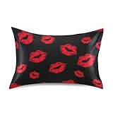 Qoogee Satin Pillowcase for Hair and Skin Queen Printed Silk Pillowcase with Envelope Closure, Gifts for Women Men, Black Kiss