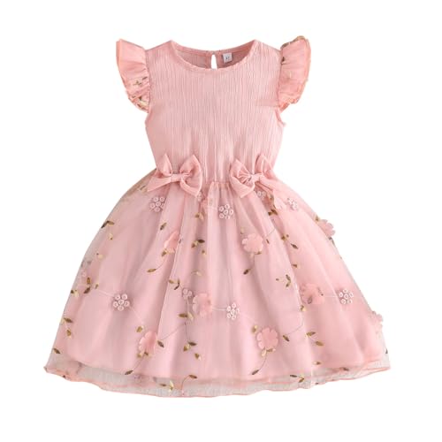 LUVCES Vestido de Tul para Niña Pequeña Volantes Mangas Estampado Floral Informal Vestido de Verano para Fiesta de Cumpleaños para Niñas Sin Mangas Flores Rosas 5-6 años