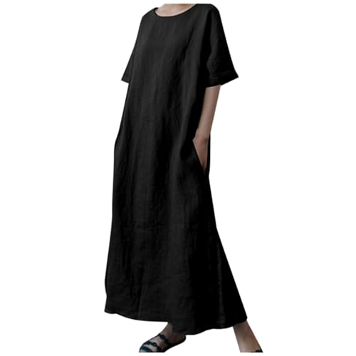 Vestido de camiseta con cinturón para mujer, vestido de verano de manga corta, ajuste holgado, lino, talla grande, liso, control de abdomen, casual, elegante, Negro, L