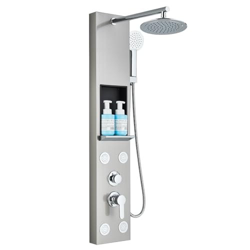 Saeuwtowy Panneau de douche système de tour monté au mur style simple acier inoxydable, robinet de salle de bain 3 fonctions tête de douche type cascade de pluie et système de massage nickel brossé