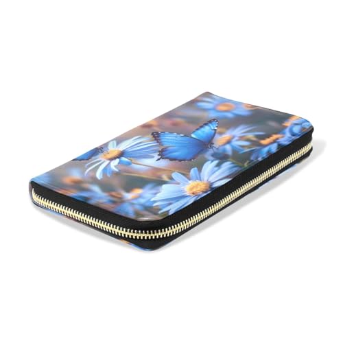 Long Wallets Leather Bifold Wallet for Women Blue Butterflies Floral with Zipper Credit Card Holder Large Capacity4