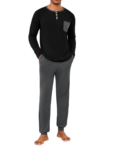 Uniexcosm Pijama de Hombre Largo Invierno Algodon Conjunto de Pijamas 2 Piezas Manga Larga Cuello Redondo Top con Botones y Pantalones Largos Negro 4XL