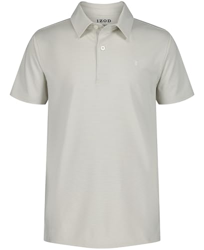 Izod Boys' Performance Golf Grid Short Sleeve Stretch Collared Polo Shirt, Grey Tonal Stripe, 10-12