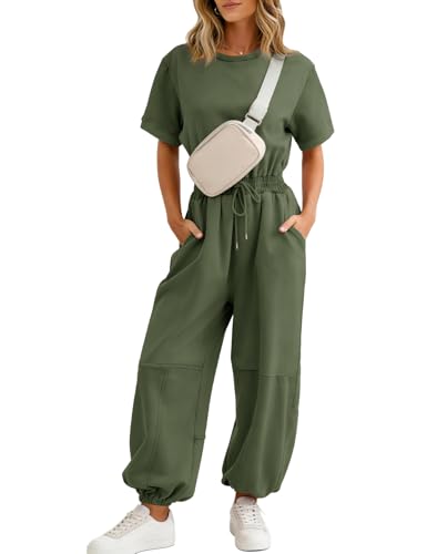 Flygo One Piece Jumpsuits for Women Crewneck Short Sleeve Casual Wide Leg Long Pants Drawstring Rompers Outfits with Pockets(ArmyGreen-S)