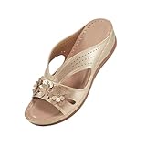 Wedge Sandals for Women Slip On Dressy Summer Comfortable Slides Platform Sandals Casual Lightweight Open Toe Anti Slip Walking Shoes Leather Low Heels with Arch Support for Vacation Beach Gold