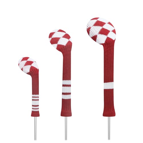 LeFeng 3Pcs Golf Club Covers, Knitted Golf Club Covers for 460cc Driver Fairway Woods and Hybrid Without Pom Pom(Red White Plaid)