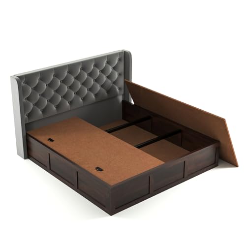 Image of Solid Sheesham Wood King Size Bed with Storage | Wooden Double Bed Cot Bed with Box Storage & Velvet Upholstered Cushioned Headboard for Bedroom (Walnut C, King)