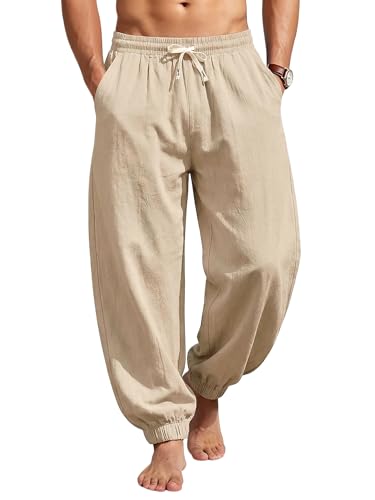 TRFIC Mens Cotton Linen Pants Casual Lantern Pants Summer Elastic Waist Jogger Yoga Trousers with Pockets Khaki