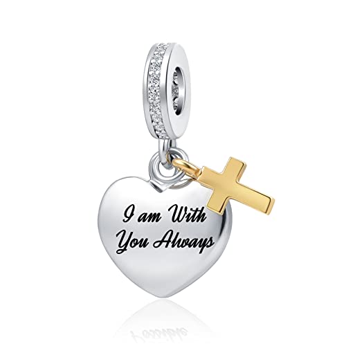 Gmxlin Religious Cross Charm For Pandora Bracelets I Am With You Always Love Heart Gold Plated Cross Dangle Bead For Women Grandma Mom, Copper #TOP5