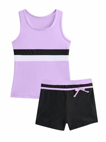 Image of JiAmy Girls 2 Piece Tankini Swimsuit Sporty Swimwear Set, Sleeveless Racer Back Top and Swim Shorts, Colour Block Striped Bathing Suit for Kids 7-8 Years, Purple