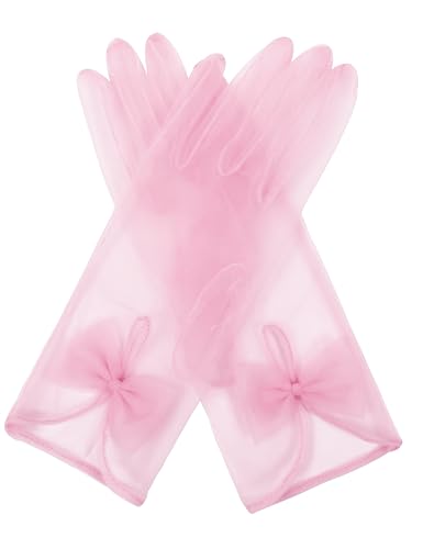 QRBTSCL Womens Short Tea Party Gloves Tulle Gloves with Bowknot Mesh Glove Wedding Bridesmaids Evening Party Glove Pink