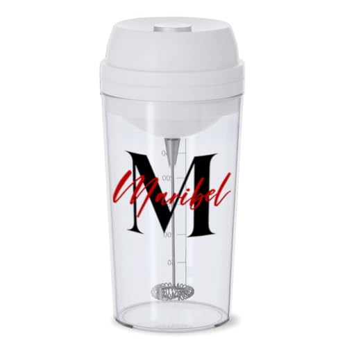 DEREGALOOS Vaso Mezclador Eléctrico Personalizado con Inicial y Nombre. Shaker Recargable para Oficina o Gimnasio. Regalo Original. Diseño Elegante para Café, Batidos o Suplementos (Blanco)