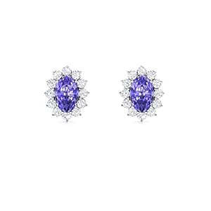 Diamondere Natural and Certified Oval Tanzanite and Diamond Halo Petite Earrings in 14k White Gold | Earrings for Women