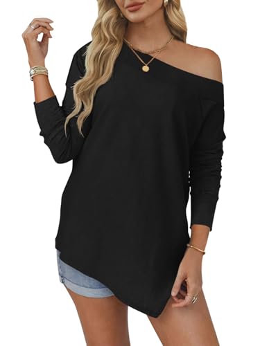 Tankaneo Womens Off The Shoulder Tops Casual Long Sleeve T Shirts Irregular Hem Split Tunics Loose Fall Blouse Shirt