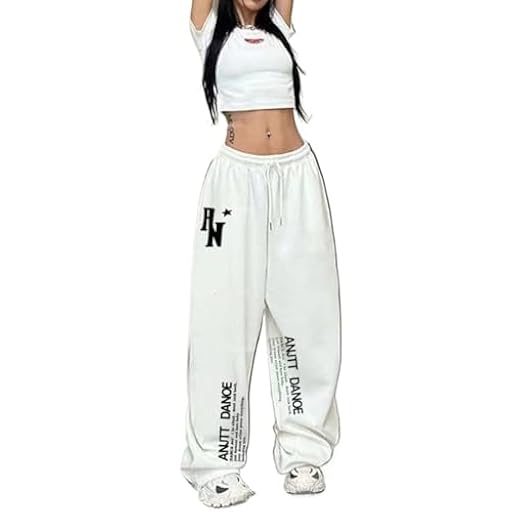 Pantalones De Baile Hip Hop, Pantalones De Cintura Alta con Cordón Y Gráficos, Corte Holgado, Rojo, Blanco, Negro, S-2XL (White,S) | Ya disponible en tu tienda friki favorita! En mundofriki.es!