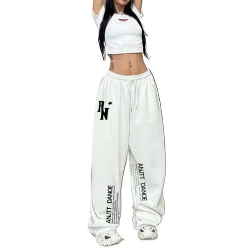 Pantalones De Baile Hip Hop, Pantalones De Cintura Alta con Cordón Y Gráficos, Corte Holgado, Rojo, Blanco, Negro, S-2XL (White,S)