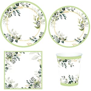 Green Party Plates Supplies, Sage Green Paper Eucalyptus Leaf Plates and Napkins, Disposable Tableware, Cups, Napkins for Jungle Boho Party,Baby Shower, Bridal Shower, Birthday Supplies Serve 24 - Image 9