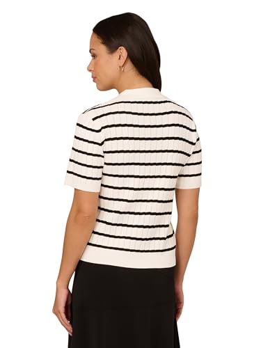 Adrianna Papell Women's Pointelle Short Sleeve Polo Striped V-Placket Sweater2