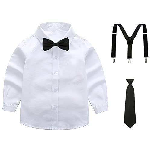 Image of amropi Boy Tuxedo Outfit 5-Piece Long Sleeve Bow-Tie Shirt and Suspender Pants Set for Age 1-13 Years
