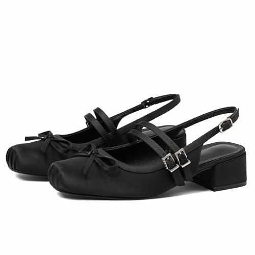 Atsroel Slingback Ballet Flats Black Satin Mary Jane Shoes Womens Pumps